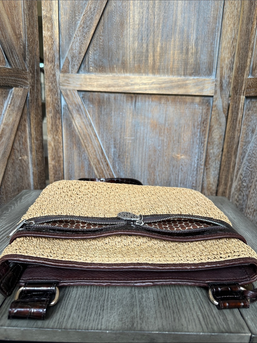 Brighton Woven Straw & Faux Crocodile Leather Crossbody Bag Purse - Picture 12 of 15